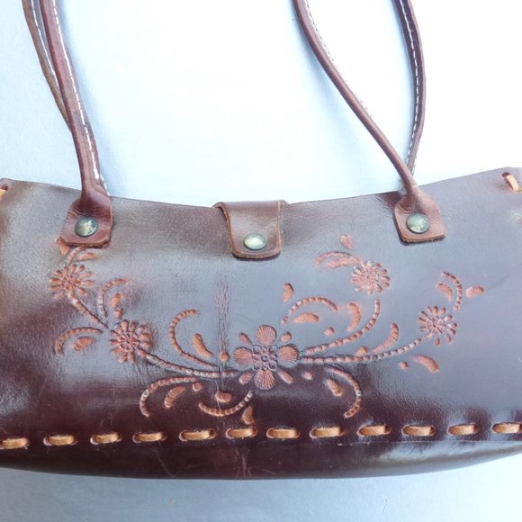 Tooled Floral Authentic Brown Leather Shoulder Bag - Picture 3 of 16